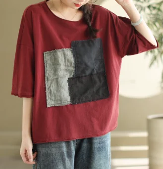 Babakud Women Retro Patchwork Color Block Tee