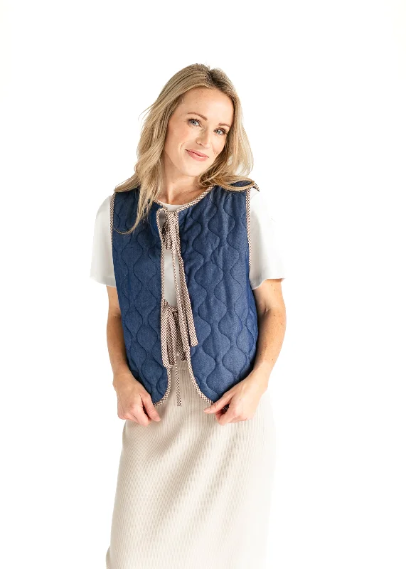 Quilted Front Tie Dark Denim Vest