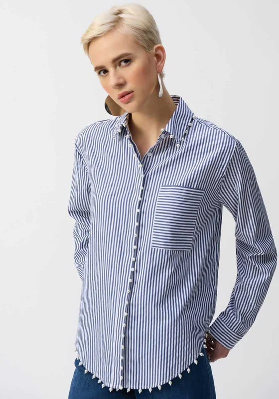 Joseph Ribkoff Pearl Trim Striped Shirt, Blue and White