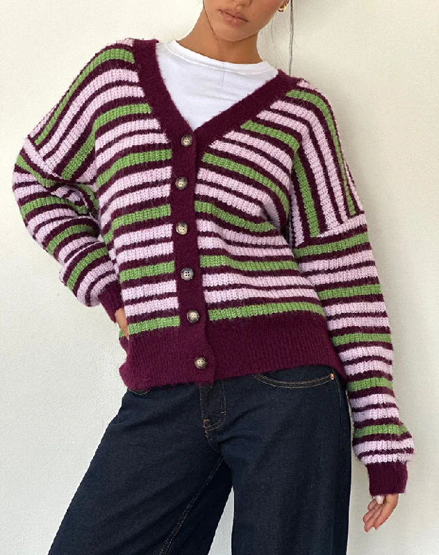 Uriela Cardigan in Green Pink and Burgundy Stripes