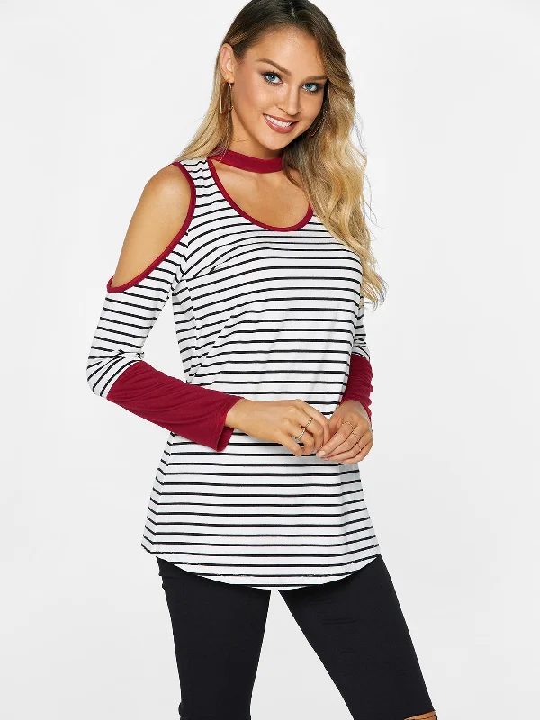 OEM ODM Round Neck Halter Cold Shoulder Stripe Long Sleeve Curved Hem Red T-Shirts