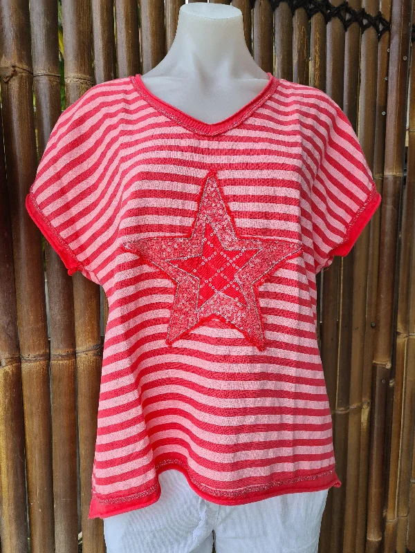 LST21-D1 La Strada Linen Cotton Coral Stripe Star Top