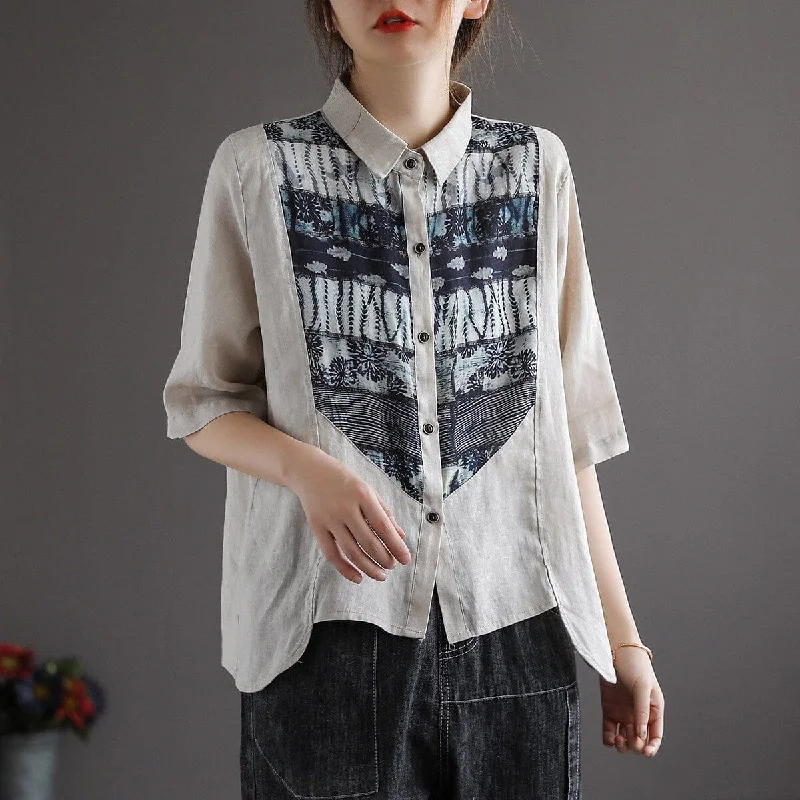 Women Retro Patchwork Linen Casual Blouse