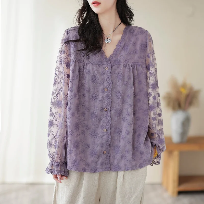 Spring Summer Embroidery Retro Casual Blouse