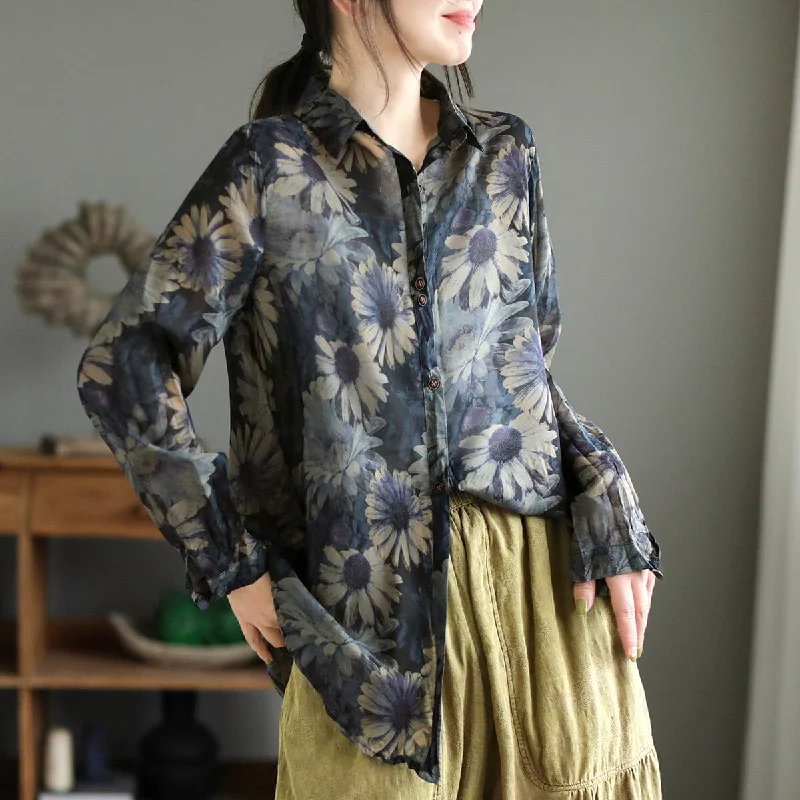 Women Spring Retro Print Loose Overlength Blouse