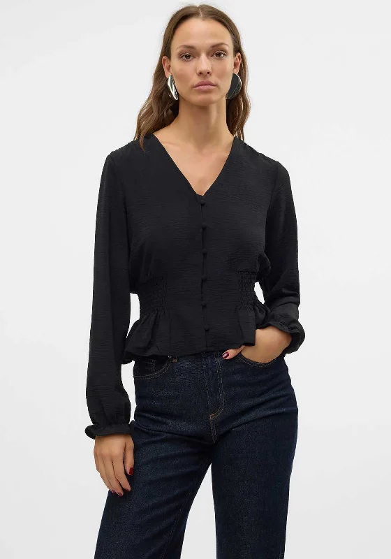 Vero Moda Alva Shirred Button Top, Black