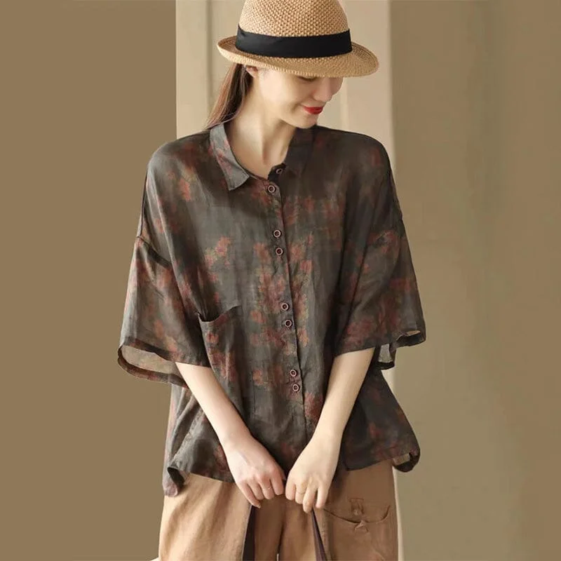 Summer Retro Floral Print Linen Casual Blouse