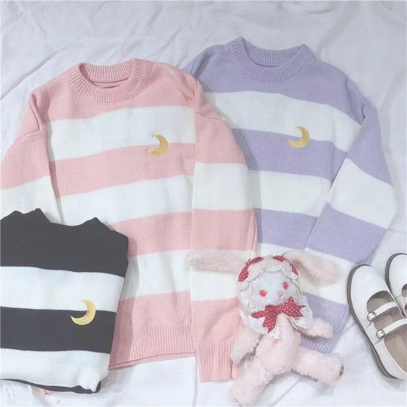 UlZZANG STRIPE MOON KNIT SWEATER BY21085