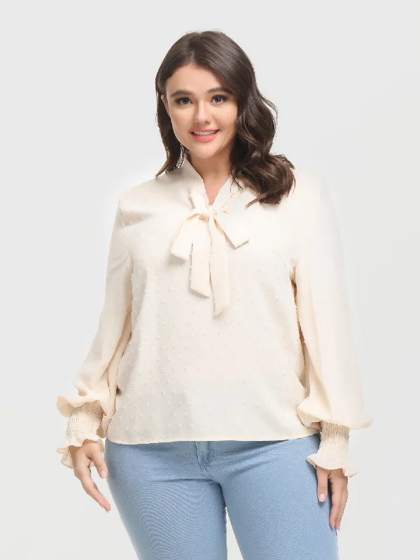 Midsize Shirring Long Sleeve Bow Blouse