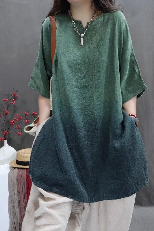 Women Distressed Gradient Slit Cotton Mid-Length Blouse