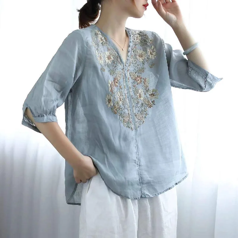 Summer Ramie Short Sleeve Floral Embroidery V-Neck Blouse