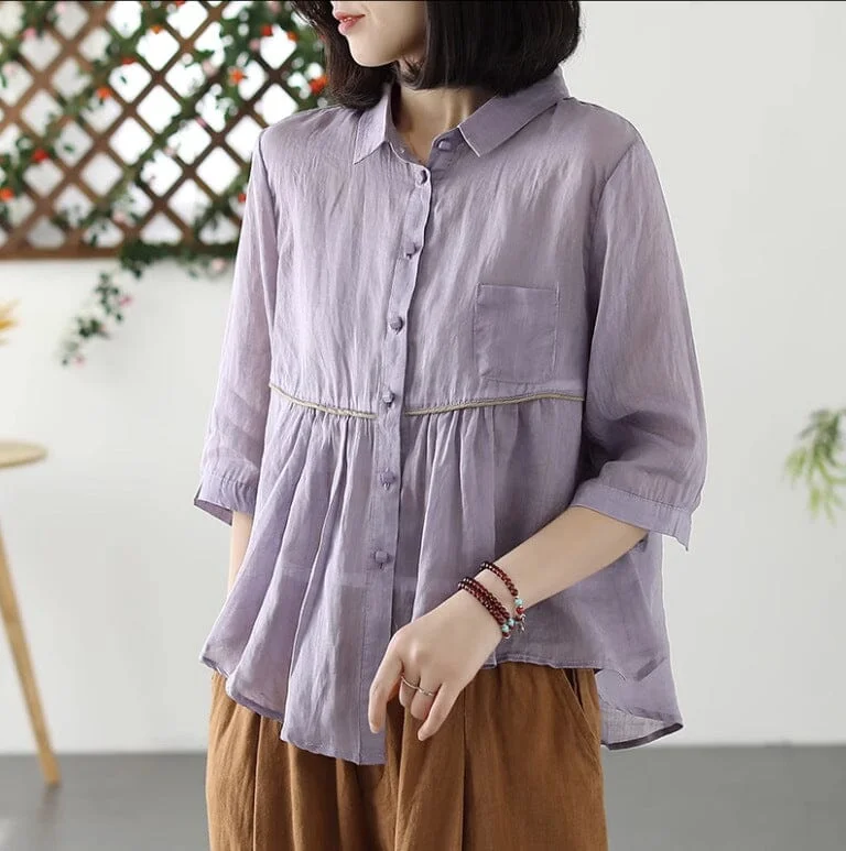 Women Retro Loose Casual Summer Linen Blouse