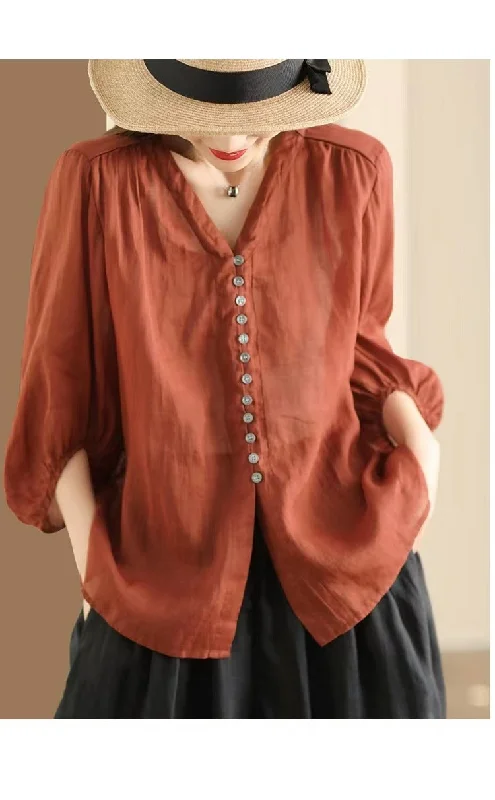 Summer Ramie Short Sleeve V-neck Blouse