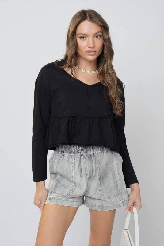 Black Detail Crop Ruffle Top