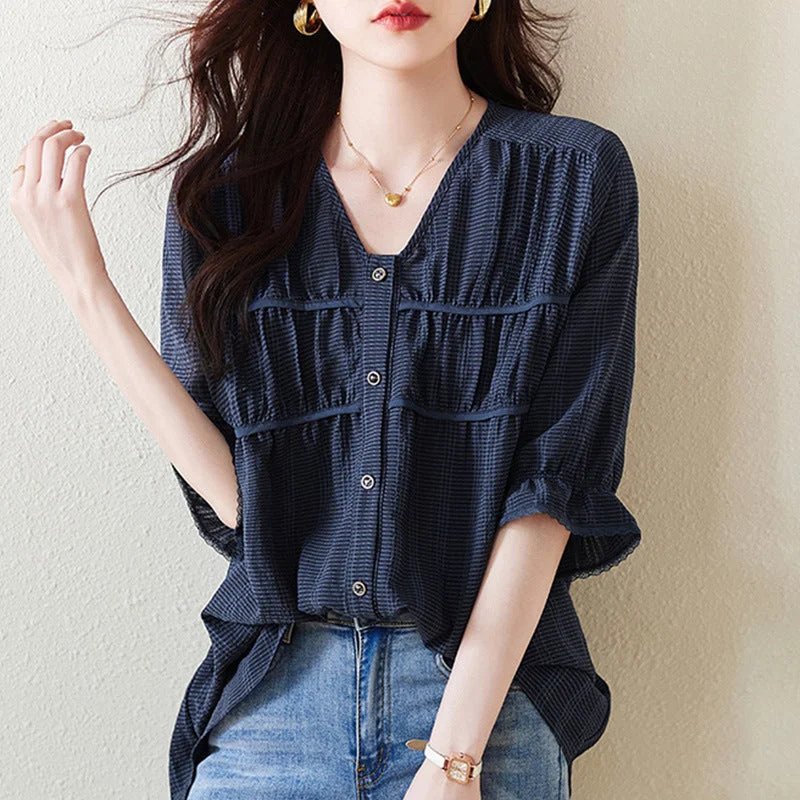 Women Summer Comfort Pleated Plaid Blouse