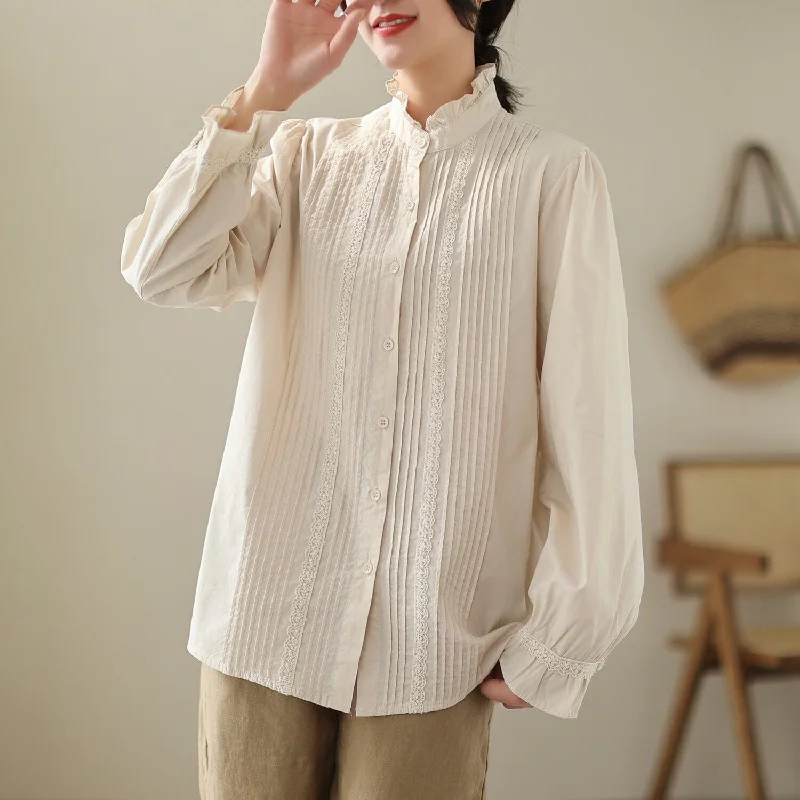 Women Retro Spring Ruffle Trim Blouse