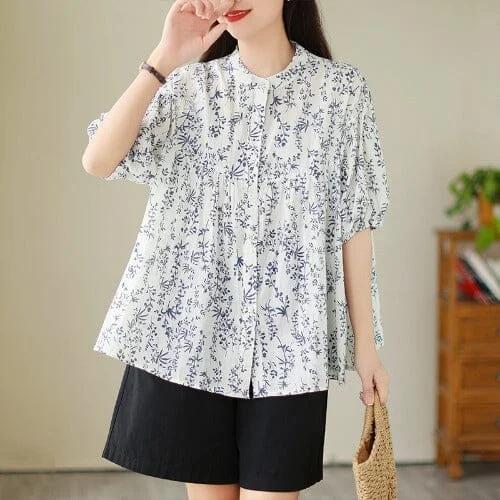 Summer Casual Floral Loose Cotton Blouse