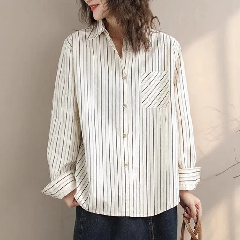 Women Spring Casual Cotton Stripe Loose Blouse