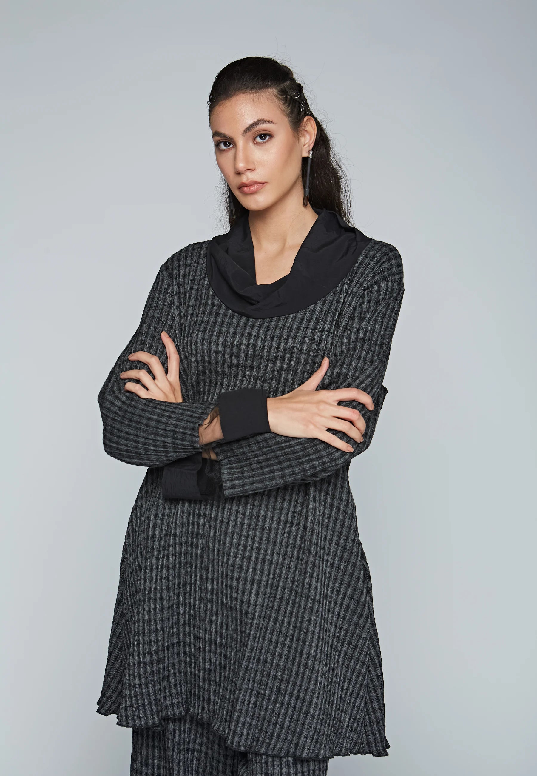 HARMONIC - Mid-length, plaid, crinkle viscose tunic dress