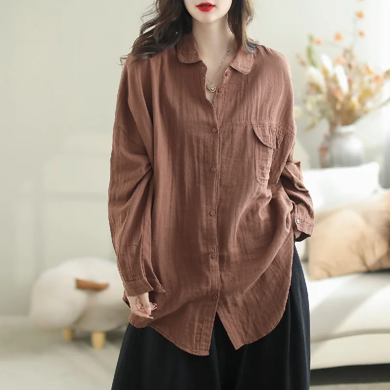 Women Autumn Retro Solid Cotton Loose Blouse