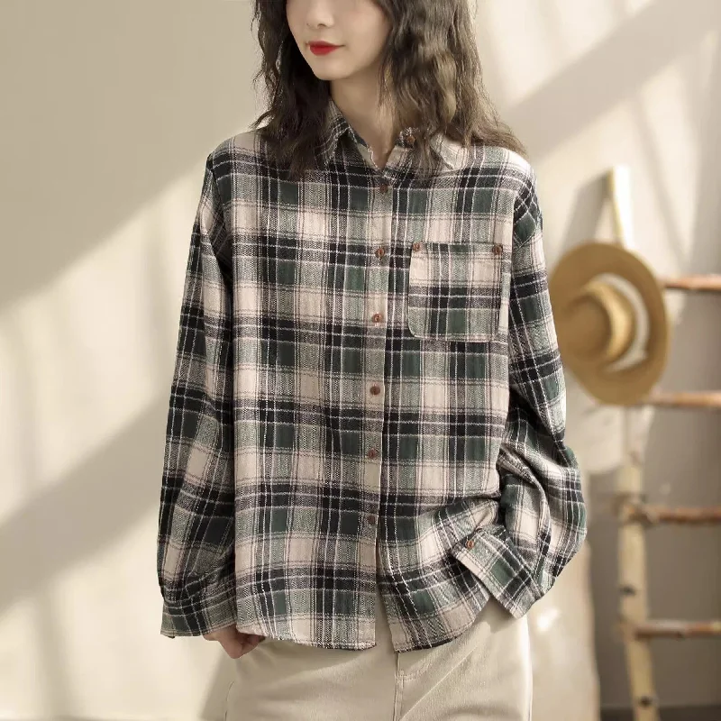 Women Spring Minimalist Plaid Cotton Loose Blouse