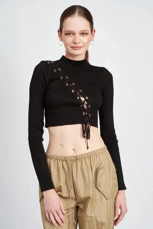 Eyelet Detailed Sweater Top With Drawstrings