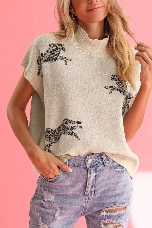 Cheetah Mock Neck Short Sleeve Knit Sweater