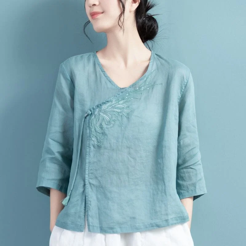 Spring Retro Loose Linen Embroidery Casual Blouse