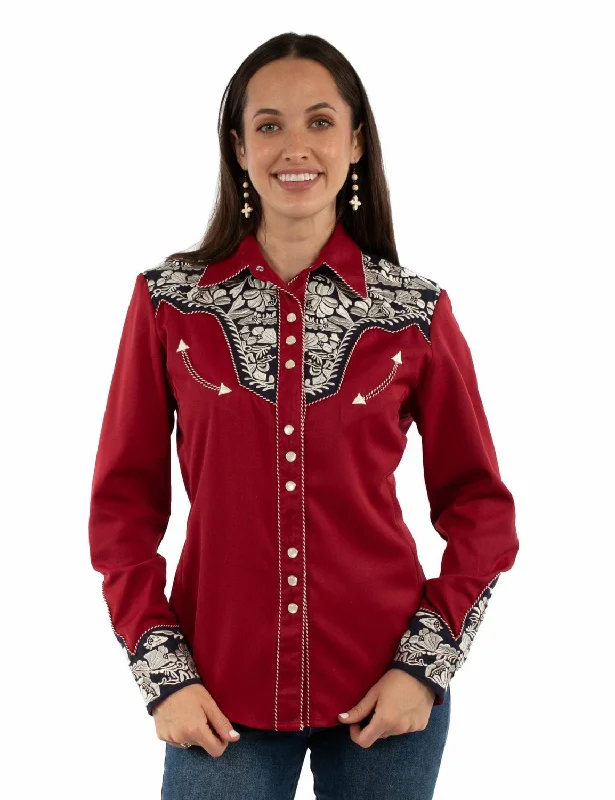 Scully Womens Floral Yoke Embroidery Red/White/Blue Poly/Rayon L/S Shirt