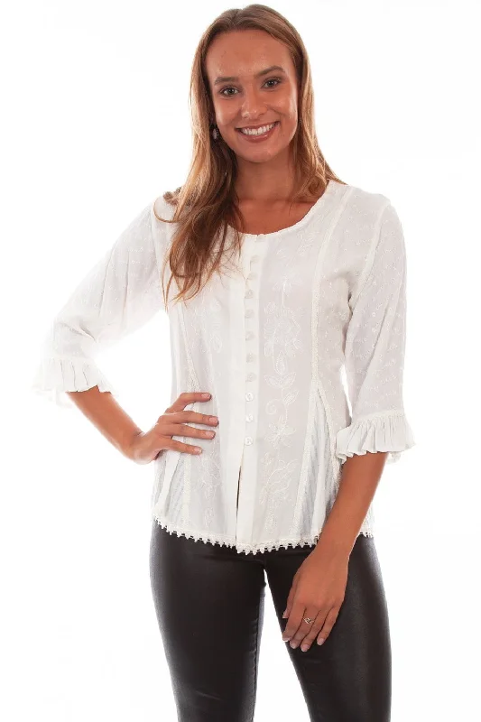 Scully Honey Creek Womens Blouse Ivory 100% Rayon Embroidered 3/4 Sleeve