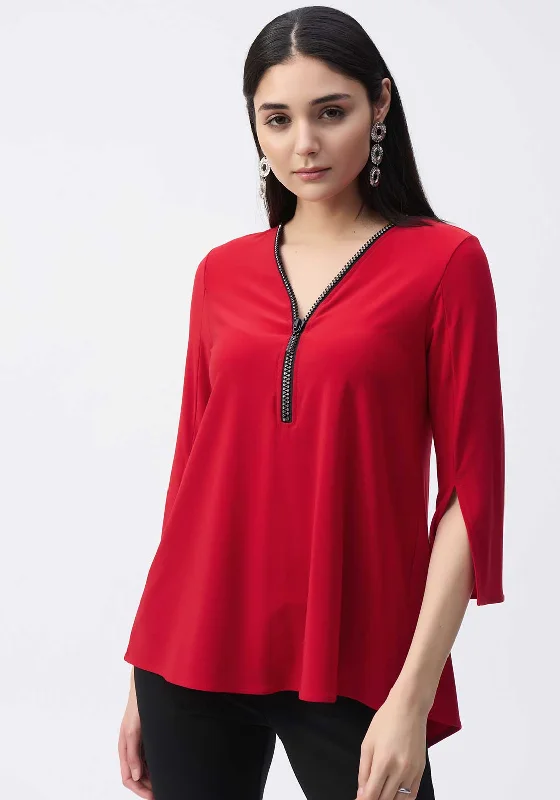 Joseph Ribkoff Zip V Neck Slit Sleeve Top, Red