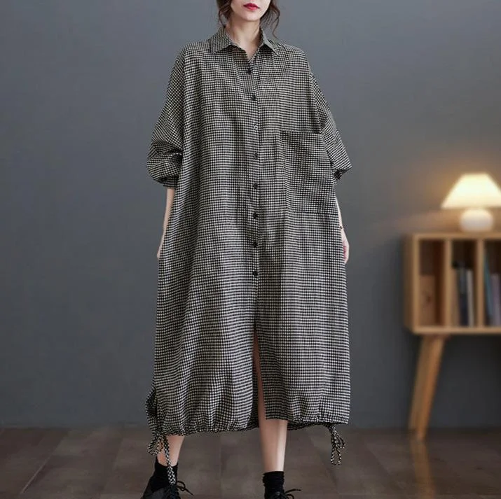 Loose Plaid Drawstring Cotton Shirt Dresses