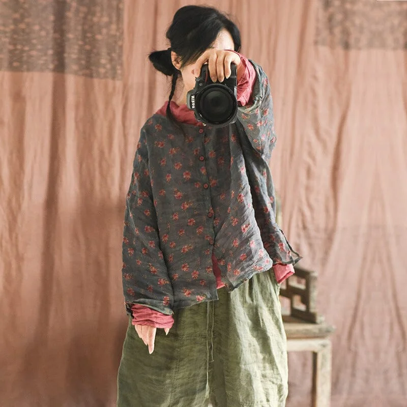 Women Retro Floral Loose Linen Blouse