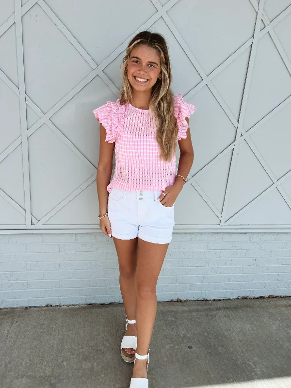 Pink Plaid Ruffle Sleeve Top