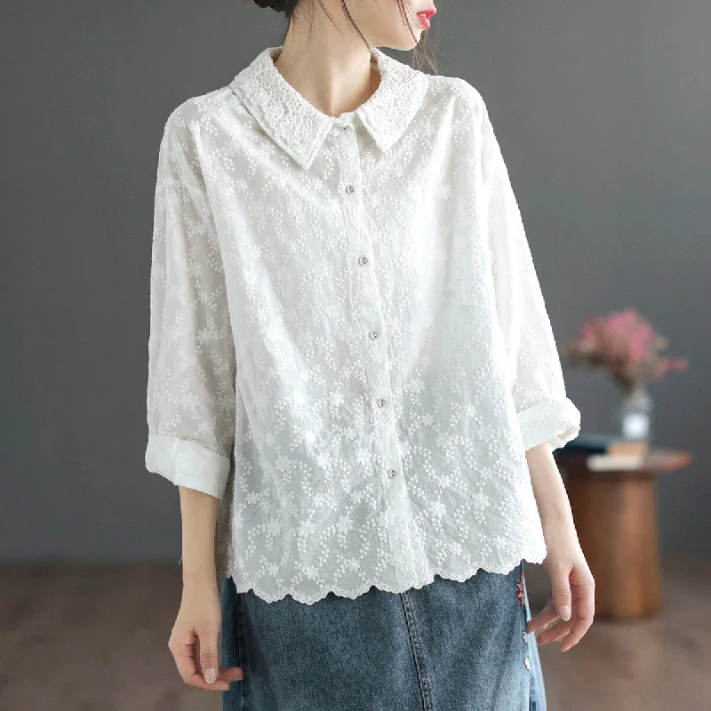 Women Spring Retro Embroidery Double Layers Blouse