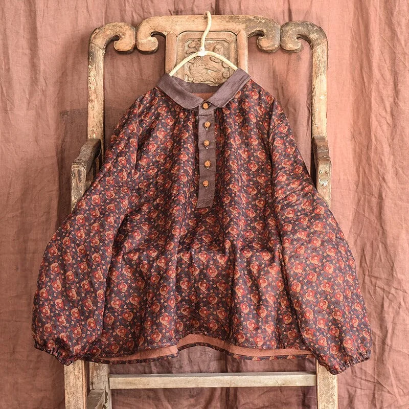 Autumn Women Retro Print Loose Linen Blouse