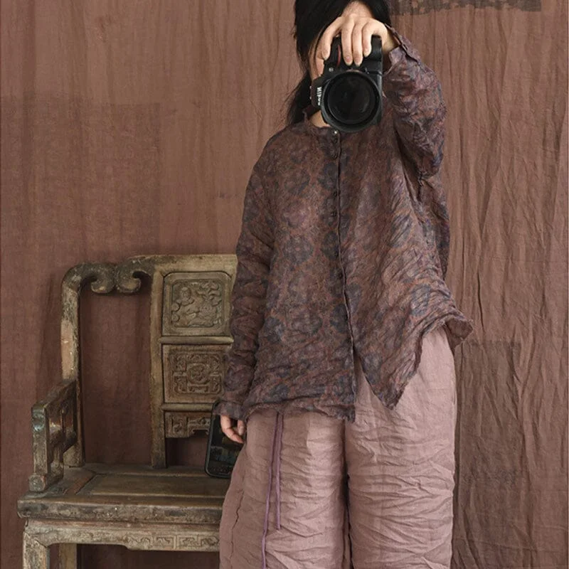 Spring Retro Print Loose Linen Blouse