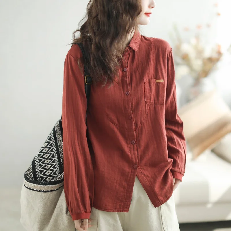 Women Casual Loose Solid Cotton Autumn Blouse