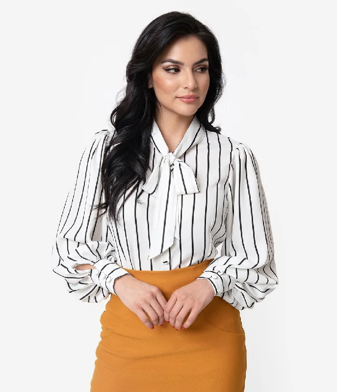 Unique Vintage White & Black Stripe Neck Tie Gwen Blouse (S and L ONLY)