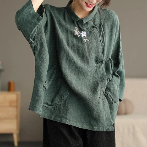 Spring Autumn Retro Embroidery Linen Loose Blouse