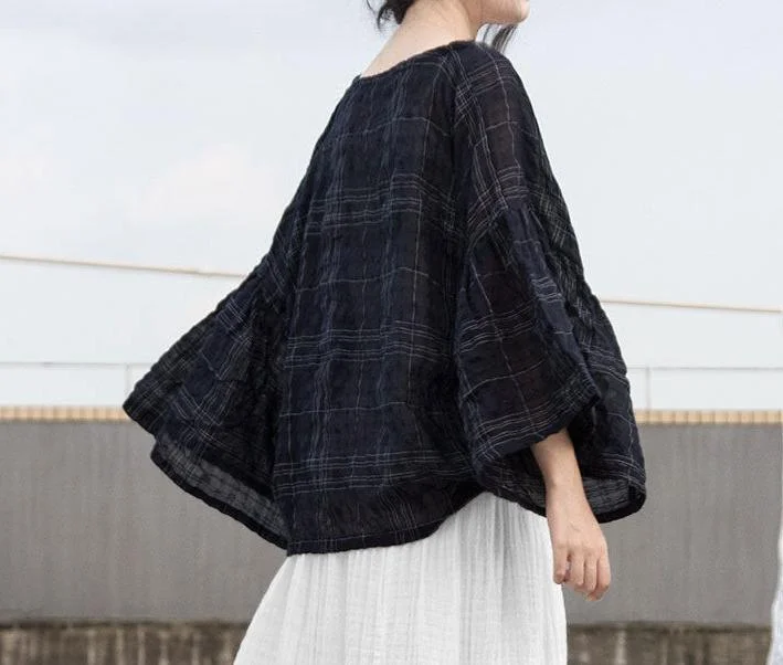 Loose Ruffled Semi- Sheer Jacquard Plaid Ramie Tops