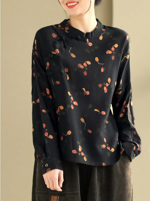 Women Spring Retro Print Cotton Casual Blouse