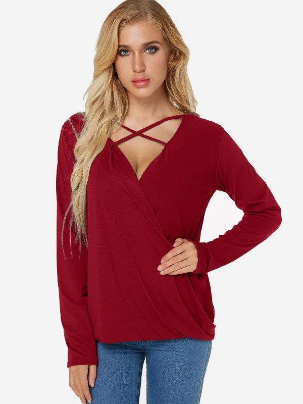 OEM ODM V-Neck Plain Crossed Front Pleated Long Sleeve Irregular Hem Red T-Shirts