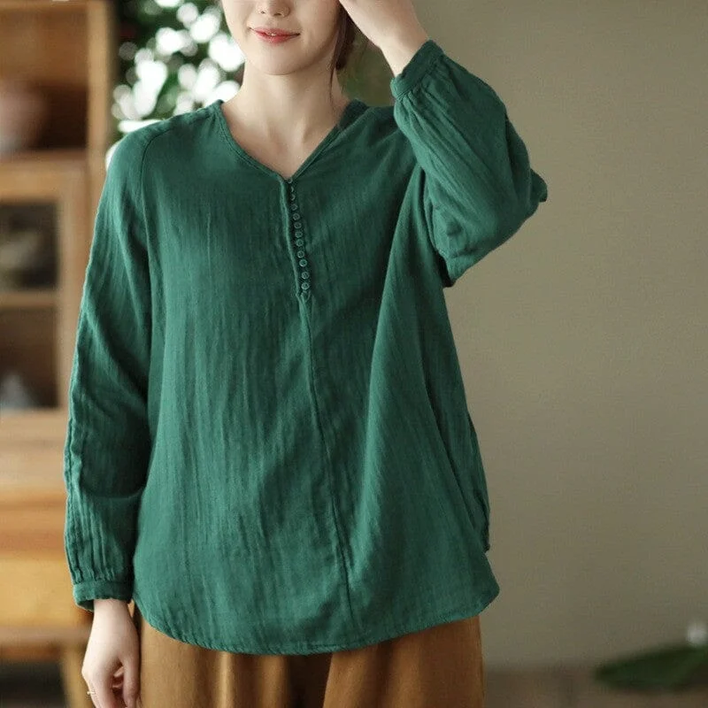 Women Retro Loose Minimalist Solid Autumn Blouse