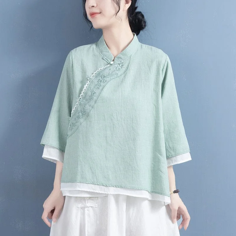 Spring Retro Embroidery Loose Cotton Linen Blouse