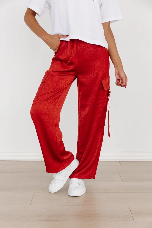 SATIN SHINE DRAWSTRING CARGOS IN RED