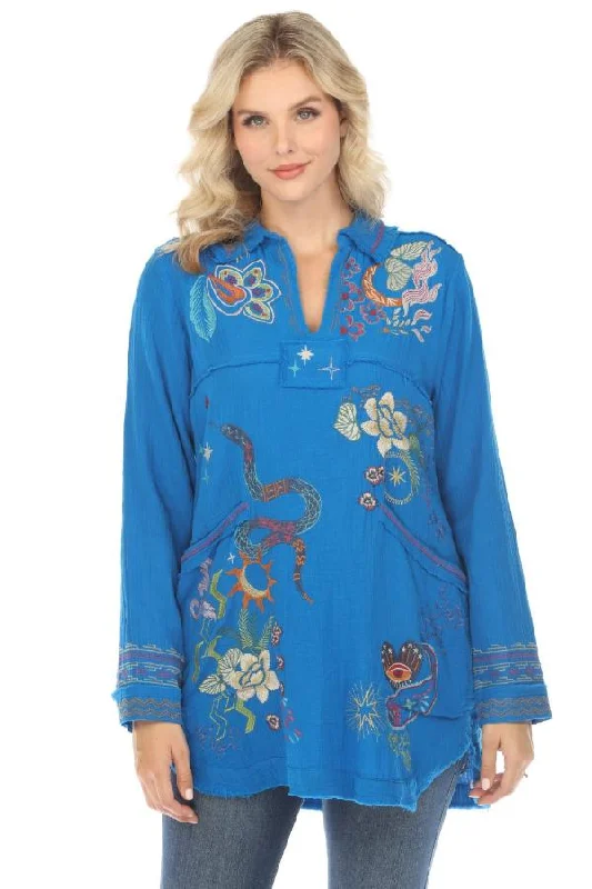 Johnny Was Biya Blue Leyva Embroidered Tunic Top Boho Chic B24424