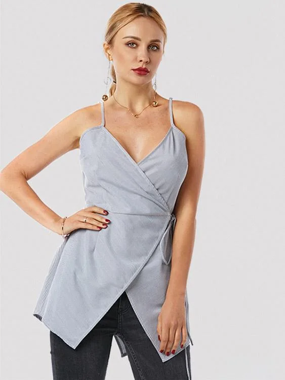 Custom V-Neck Crossed Front Sleeveless High-Low Hem Grey Camis