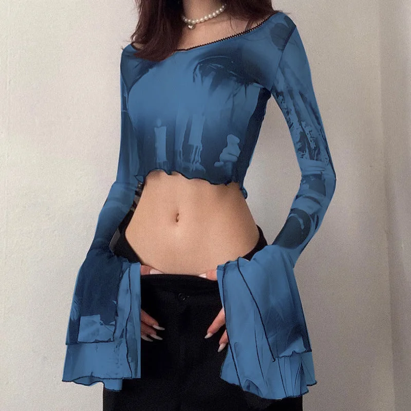 Fashion Printed Crew Neck Casual Flared Sleeve Wholesale Crop Tops