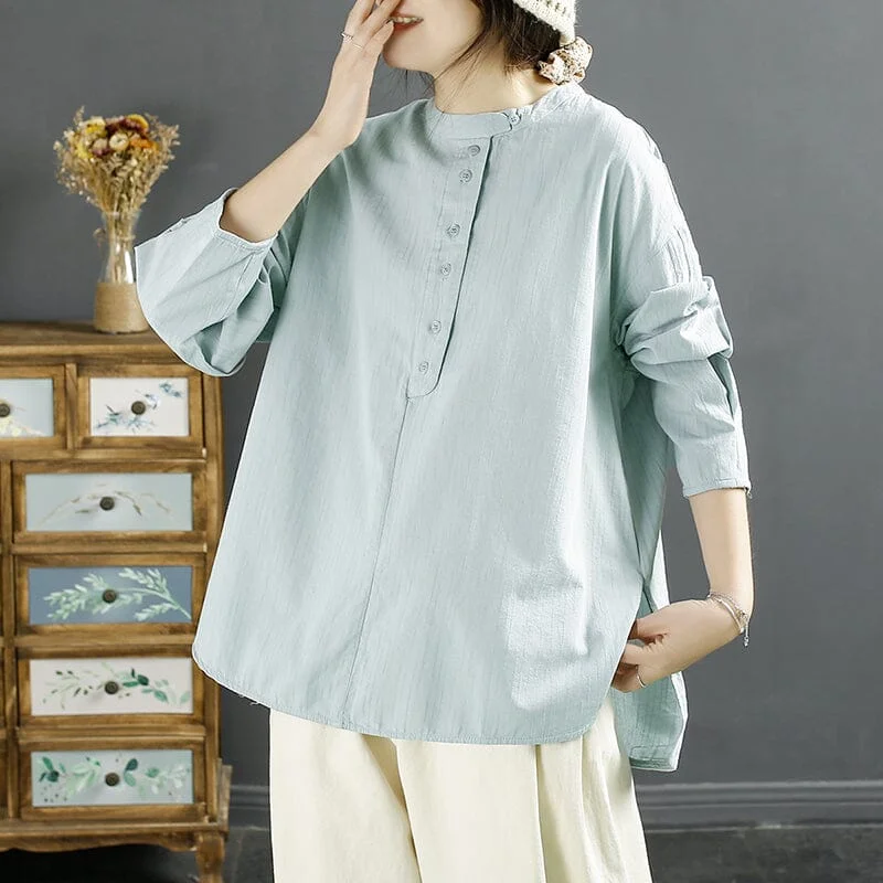 Women Retro Loose Cotton Solid Blouse